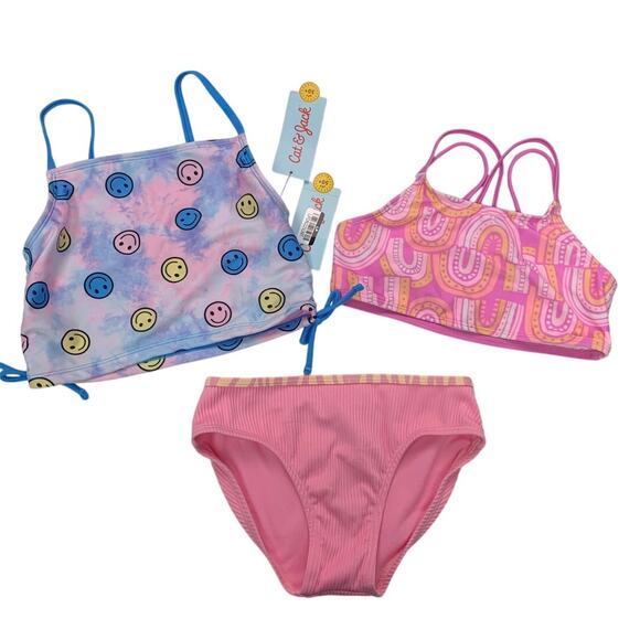 Lot of 3 New Cat & Jack Girls Medium (8) Smiley Rainbow Swim Bikini Tops Bottom - Picture 1 of 3